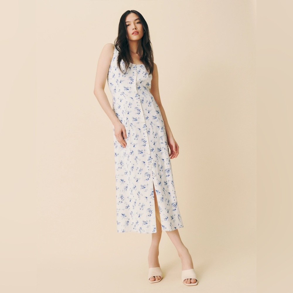 Reformation White and Blue Floral Midi Dress